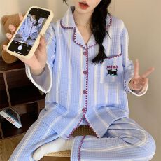 批发秋冬季新款睡衣女加厚空气夹层开衫翻领长袖甜美宽松套装