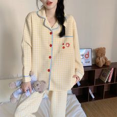 批发秋冬季新款睡衣女加厚空气夹层开衫翻领长袖甜美宽松套装