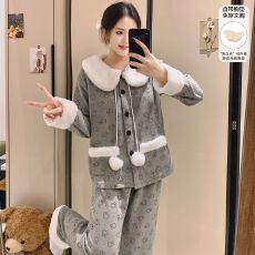 批发冬季女款双长开衫毛茸茸娃娃领带胸垫款甜美清新风睡衣