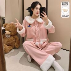 批发冬季女款双长开衫毛茸茸娃娃领带胸垫款甜美清新风睡衣