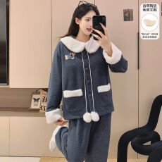 批发冬季女款双长开衫毛茸茸娃娃领带胸垫款甜美清新风睡衣