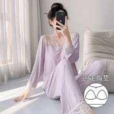 批发<b class='q'>莫代尔</b><b class='q'>睡衣</b>女长袖双裤袋秋季新款带胸垫甜美长袖甜美家居服可外穿