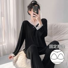 批发<b class='q'>莫代尔</b><b class='q'>睡衣</b>女长袖双裤袋秋季新款带胸垫甜美长袖甜美家居服可外穿