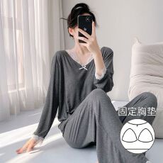 批发<b class='q'>莫代尔</b><b class='q'>睡衣</b>女长袖双裤袋秋季新款带胸垫甜美长袖甜美家居服可外穿