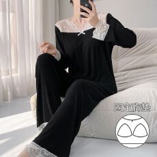 批发<b class='q'>莫代尔</b><b class='q'>睡衣</b>女长袖双裤袋秋季新款带胸垫甜美长袖甜美家居服可外穿