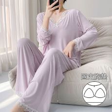 批发<b class='q'>莫代尔</b><b class='q'>睡衣</b>女长袖双裤袋秋季新款带胸垫甜美长袖甜美家居服可外穿