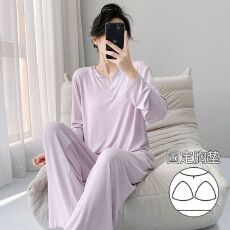 批发<b class='q'>莫代尔</b><b class='q'>睡衣</b>女长袖双裤袋秋季新款带胸垫甜美长袖甜美家居服可外穿