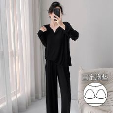 批发<b class='q'>莫代尔</b><b class='q'>睡衣</b>女长袖双裤袋秋季新款带胸垫甜美长袖甜美家居服可外穿