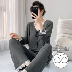 批发<b class='q'>莫代尔</b><b class='q'>睡衣</b>女长袖双裤袋秋季新款带胸垫甜美长袖甜美家居服可外穿