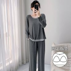 批发<b class='q'>莫代尔</b><b class='q'>睡衣</b>女长袖双裤袋秋季新款带胸垫甜美长袖甜美家居服可外穿