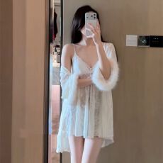 批发轻奢风蕾丝拼接<b class='q'>睡裙</b>纯欲风<b class='q'>吊带</b>胸垫网红高级烧花绒面料