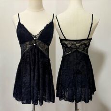 批发秋冬新<b class='q'>睡裙</b><b class='q'>吊带</b>胸垫高定轻奢蕾丝花边修身镂空睡衣裙袍