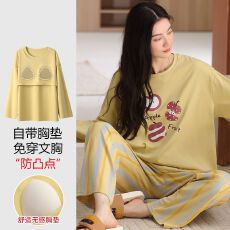 批发春秋2025新款<b class='q'>女</b>士纯棉长袖<b class='q'>长裤</b>套装休闲简约圆领套头家居服带胸垫