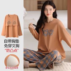 批发春秋2025新款<b class='q'>女</b>士纯棉长袖<b class='q'>长裤</b>套装休闲简约圆领套头家居服带胸垫