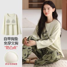 批发春秋2025新款<b class='q'>女</b>士纯棉长袖<b class='q'>长裤</b>套装休闲简约圆领套头家居服带胸垫