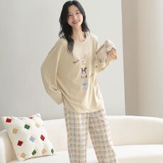 批发春秋新款100%<b class='q'>纯棉</b>女长袖长裤套头<b class='q'>睡衣</b>印花休闲女家居服