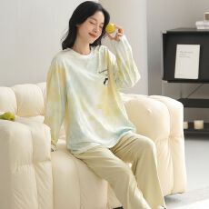 批发春秋新款100%<b class='q'>纯棉</b>女长袖长裤套头<b class='q'>睡衣</b>印花休闲女家居服