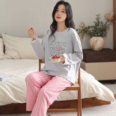 批发春秋新款100%<b class='q'>纯棉</b>女长袖长裤套头<b class='q'>睡衣</b>印花休闲女家居服