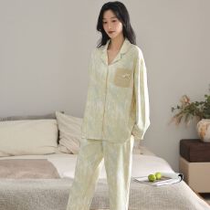 批发春秋新款100%<b class='q'>纯棉</b>女长袖长裤开衫翻领<b class='q'>睡衣</b>休闲女家居服