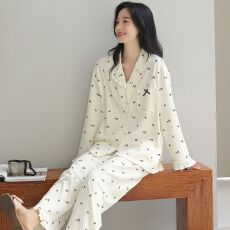 批发春秋新款100%<b class='q'>纯棉</b>女长袖长裤开衫翻领<b class='q'>睡衣</b>休闲女家居服