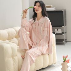 批发春秋新款100%<b class='q'>纯棉</b>女长袖长裤开衫翻领<b class='q'>睡衣</b>休闲女家居服