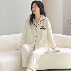 批发春秋新款100%<b class='q'>纯棉</b>女长袖长裤开衫翻领<b class='q'>睡衣</b>休闲女家居服