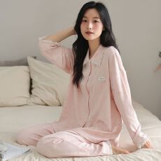 批发春秋新款100%<b class='q'>纯棉</b>女长袖长裤开衫翻领<b class='q'>睡衣</b>休闲女家居服
