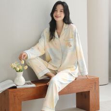 批发春秋新款100%<b class='q'>纯棉</b>女长袖长裤开衫翻领<b class='q'>睡衣</b>休闲女家居服