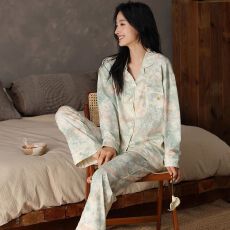 批发春秋新款<b class='q'>纯棉</b>女士长袖长裤开衫翻领<b class='q'>睡衣</b>7A抗菌时尚休闲女家居服