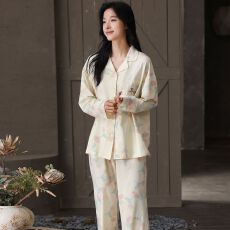 春秋新款纯棉女士长袖长裤开衫翻领睡衣7A抗菌时尚休闲女家居服