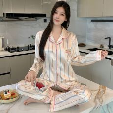 批发(实拍)简约<b class='q'>条纹</b>爱心绣花长袖家居服仿真丝婚庆睡衣<b class='q'>套装</b>