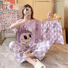 批发夏季女生短袖短裤长裤<b class='q'>三件套</b>仿棉牛奶丝卡通家居服套装打包跨境