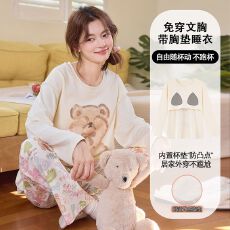 批发春秋女<b class='q'>睡衣</b>长袖<b class='q'>可爱</b>家居服青年6535<b class='q'>睡衣</b>直播秋季套装圆领带胸垫