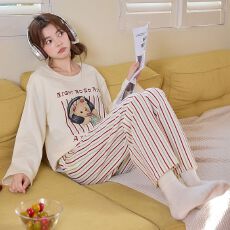 批发春秋女<b class='q'>睡衣</b>长袖<b class='q'>可爱</b>家居服青年6535<b class='q'>睡衣</b>直播秋季套装圆领带胸垫