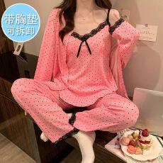 批发可拆卸胸垫#秋季新款<b class='q'>睡衣</b>女仿棉绉布<b class='q'>三件套</b>加肥加大码220斤