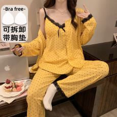 批发仿棉皱布<b class='q'>睡衣</b>女春秋季带胸垫长袖加肥230斤<b class='q'>三件套</b>家居服