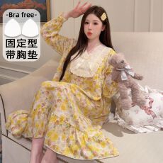 批发云朵棉睡衣女甜美公主风带胸垫中长睡裙加大码220斤家居服