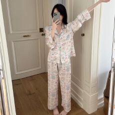 春季新款冰雪丝卡通开衫翻领长袖套装睡衣女甜美可爱家居服