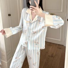 春季新款冰雪丝卡通开衫翻领长袖套装睡衣女甜美可爱家居服