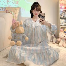 批发带胸垫春季新款睡衣女公主风甜美可爱长袖裙加大码家居服