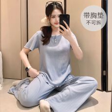 批发6535棉睡衣女春夏季甜美带胸垫短袖长裤家居服套装可外穿
