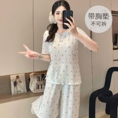 批发6535棉睡衣女春夏季甜美带胸垫短袖长裤家居服套装可外穿