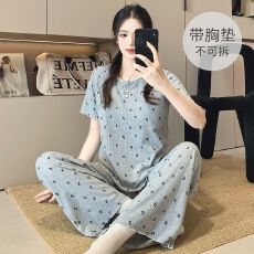 批发6535棉睡衣女春夏季甜美带胸垫短袖长裤家居服套装可外穿