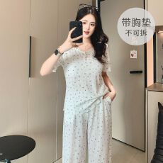 批发6535棉睡衣女春夏季甜美带胸垫短袖长裤家居服套装可外穿