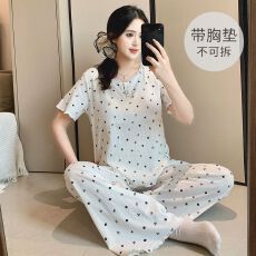 批发6535棉睡衣女春夏季甜美带胸垫短袖长裤家居服套装可外穿