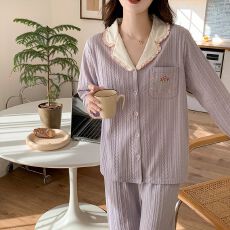 批发6535棉睡衣女春秋款开衫长袖长裤套装女2026新款卡通家居服秋冬季