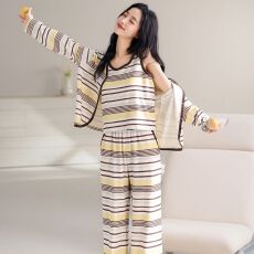 批发【带胸垫】春秋新款纯棉女<b class='q'>长袖</b>长裤背心三件套睡衣休闲女<b class='q'>家居服</b>