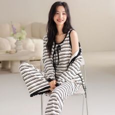 批发【带胸垫】春秋新款纯棉女长袖<b class='q'>长裤</b>背心三件套睡衣休闲女家居服