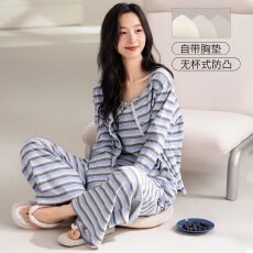 批发【带胸垫】春秋新款纯棉女长袖<b class='q'>长裤</b>背心三件套睡衣休闲女家居服