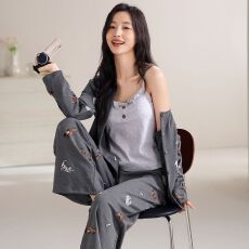 批发【带胸垫】春秋新款纯棉女长袖<b class='q'>长裤</b>背心三件套睡衣休闲女家居服